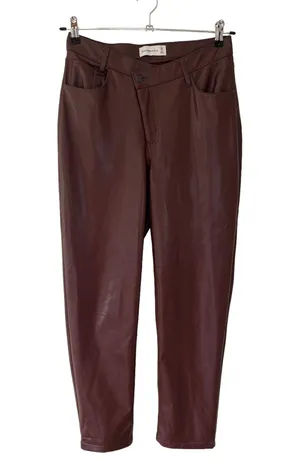 Criss-Cross Waistband Vegan Leather 90s Straight Pant Brown thumbnail 1