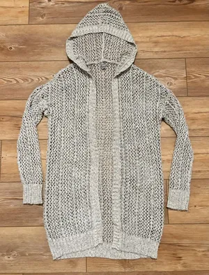 Aerie Womens Open Knit Hooded Cardigan Sweater Marled Grey Longline Size M thumbnail 1