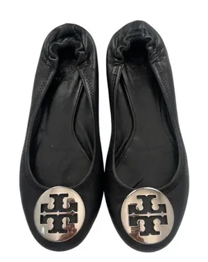 Tory Burch Minnie Travel Ballet Flats Black Leather Silver Logo Medallion thumbnail 1