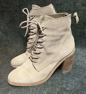 Dolce Vita Lace Up Heeled Ankle Boots Women's‎ Taupe Suede Leather Stacked Heel thumbnail 1