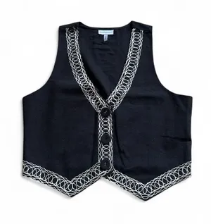 Anthropology Conditions Apply Black Embroidered V-Neck Button Front Vest Size XS thumbnail 1
