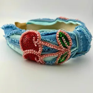 Embellished Denim Headband with Cherry Design NEW Blue thumbnail 2