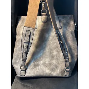 Gray Distressed Vegan Leather Convertible Backpack Shoulder‎ Bag Silver Padlock thumbnail 7