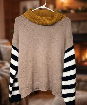 Women's Taupe Cowl Neck Sweater with Mustard Collar and Striped Sleeves thumbnail 1