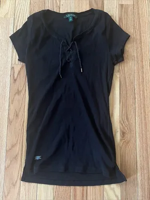 Lauren Ralph Lauren Black Ribbed Tee Small Lace Up 100% Cotton Minimalist thumbnail 1