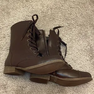 Rasolli brown lace up combat style boot 1.5 inch heel thumbnail 8