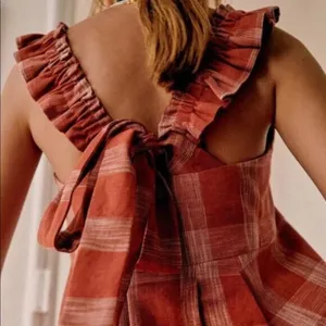 Sézane NWT Lizon in Ocre Ecru Plaid Tie Back Pleated Linen Dress 40 / US 8 thumbnail 2