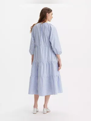 NWT Levi's Cecile Striped Tiered Midi Dress Blue White Button Front Puff Sleeve thumbnail 4
