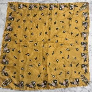 Horse Carriage Yellow Rolled Edges Hand Stitched 17" Square Scarf, 1950s, MCM thumbnail 3