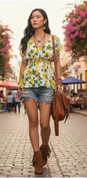 Y2K: Yag Couture ✿ Trendy Spring Floral Print Babydoll Tunic Top ✿ White ✿ Large thumbnail 1