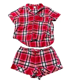 Victoria’s Secret Plaid Short Sleeve Shorts Pajama Set Red Pink White Black XL thumbnail 1
