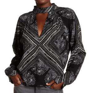 Free People Womens Tunic Size Small Black Print Walking on‎ a Dream Blouse thumbnail 3