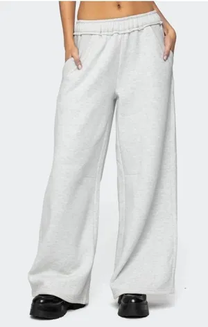 Edikted Kori Oversized Wide-Leg Sweatpants Gray Melange Pocket Fleece NEW Medium thumbnail 1