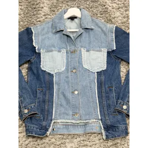 RD Style Womens Size XS Patchwork Denim Jacket Two Tone Blue Raw Hem Distressed thumbnail 3
