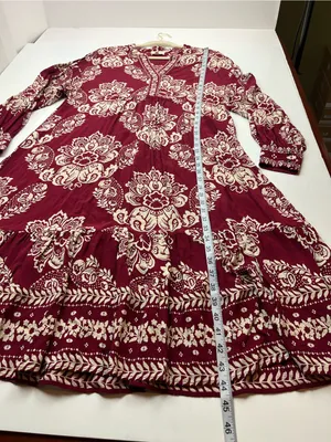 Sézane Boheme Burgundy Red Cream Boho Floral Long Sleeve Midi Maxi Dress‎ Medium thumbnail 7