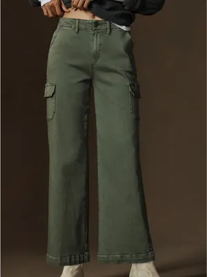 ANTHROPOLOGIE‎ PAIGE Carly Cargo Pants in Vintage Ivy Green Wide Leg Denim thumbnail 2