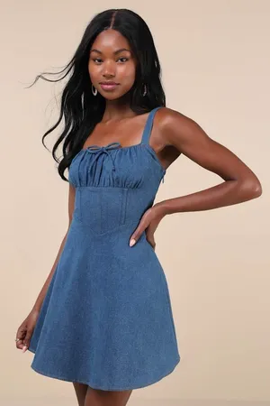 Lulus Considered Charisma Blue Chambray Bustier Mini Dress Cute A Line Large NWT thumbnail 1