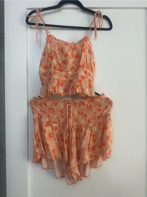 Floral Ruffle Smocked Pink-Orange Set thumbnail 3