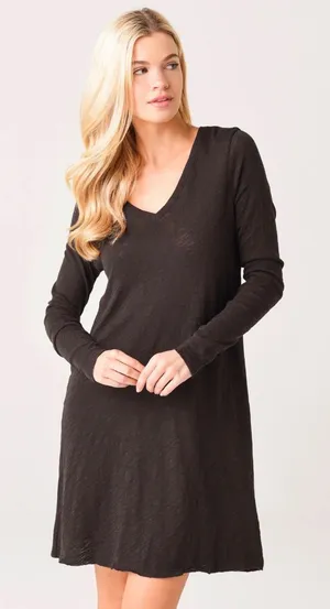 ATM Anthony Thomas Melillo Womens Slub‎ Cotton V-Neck Long Sleeve Dress Black XS thumbnail 1