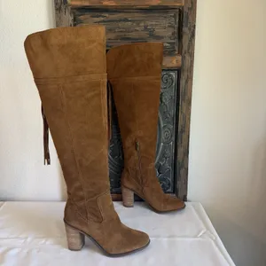 Franco Sarto Elnora Tall Suede Over The Knee Boots Brown Boho Fringe Tassel Sz 9 thumbnail 10