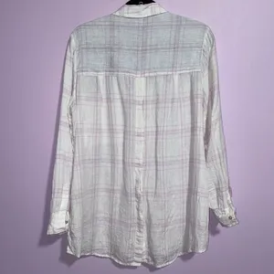 Free People No Limits Linen Button Up Women M White Lavender Plaid Beachy Boho thumbnail 6