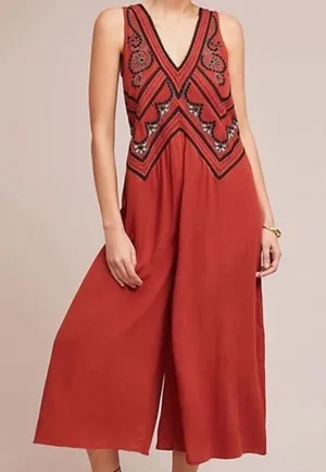 Anthropologie Maeve Womens Sz 0 Orange Embroidered Desert Wide Leg Jumpsuit thumbnail 1