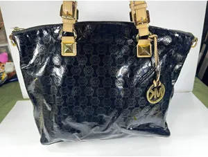 Michael Kors MK Logo Black Tote Bag Zip Gold Beige Straps Dust Bag thumbnail 1