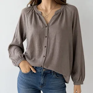 Uniqlo‎ Womens Blouse Brown Taupe Gathered V-Neck Long Sleeve Small thumbnail 1