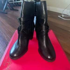 Kate spade Layne black leather chunky buckle stacked heel booties women size 8.5 thumbnail 3