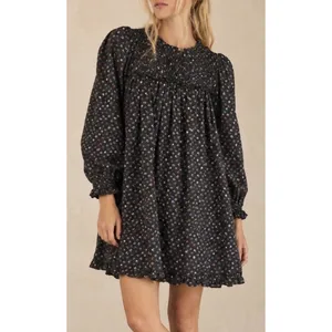DOEN Knoll Parc Monceau Ditzy Floral Pintuck Puff Sleeve Mini Dress Black S thumbnail 3