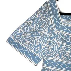 BCBGMaxazria Blue Cream Tile Print‎ Top Medium Square Neck Peplum Boho Coastal thumbnail 2