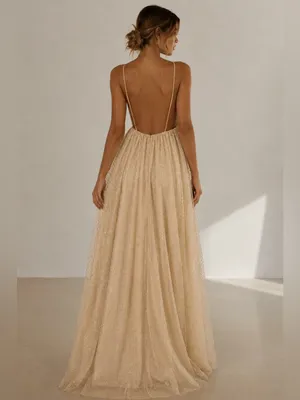Beginning Boutique NWOT Faeriesty V-Neck Glitter Maxi Dress – Champagne/Gold – L thumbnail 3