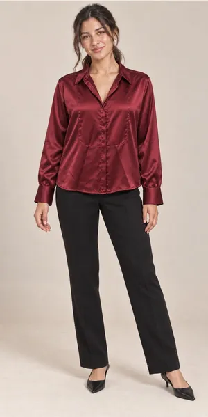 NWT LOFT Burgundy Satin Button Front Blouse Women XL Long Sleeve thumbnail 1
