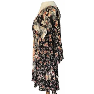 Free People Mini Dress Sz XS Heart Of Gold Dark Floral Boho Bell Sleeve Fairy thumbnail 9