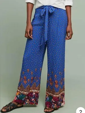 Anthropologie Ett Twa Printed Wide Leg Floral Pants Royal Blue 6 thumbnail 1