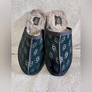 UGG Australia Women's Pearle Embossed Slippers 7 Black Logo Suede Shoes Home thumbnail 7