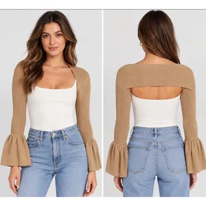 YUYU Knit Bolero Shrug Sweater Womens Small Beige Ribbed Bell Sleeve Open Front thumbnail 2
