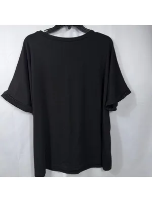 Womens XL Black V Neck Pocket Tee Rolled Sleeve Stretch Casual Oversized Top thumbnail 6