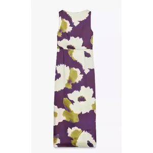 Zara Printed Satin Midi Dress Purple Olive Green Abstract Draped Waist Small thumbnail 4