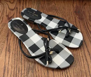 Kate Spade Black Check Print Plaid Thongs Flip Flops Sandals Leather size 7.5 thumbnail 1