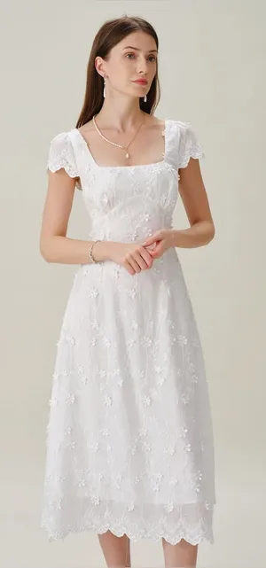 Rihoas White Square Neck Embroidery Midi Dress thumbnail 1