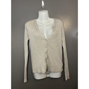 A New Day Sweater Womens Large Beige Metallic Ribbed Button Front Cardigan thumbnail 2