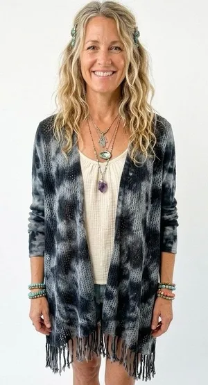 XCVI Women's L Cotton Fringe Open Crochet Knit Cardigan Sweater Bleached Tie Dye thumbnail 1