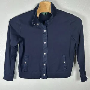 Lauren Ralph Lauren Cardigan Sweatshirt Womens XL Navy Blue Silver‎ Snap Front thumbnail 1