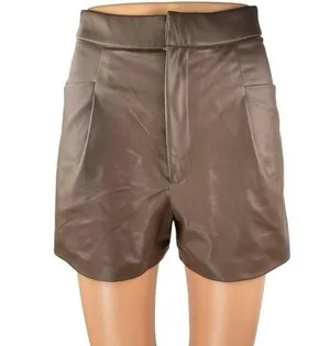 Zara Women's Brown Faux Vegan Leather Pleated High Waisted Wide Leg Shorts Sz XS thumbnail 1