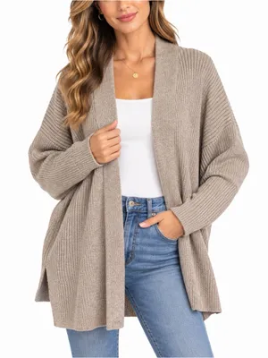 HANNAH Women’s Open Front Cardigan Size L Taupe Ribbed Knit Oversized Sweater thumbnail 1