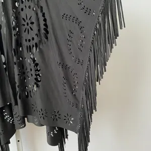 Whimsigoth Faux Suede Boho Western Witchy Laser Cut Fringe Shawl Kimono OS Black thumbnail 4
