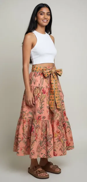 NWT Floral Tiered Maxi Skirt in Peach with Contrast Belt thumbnail 1