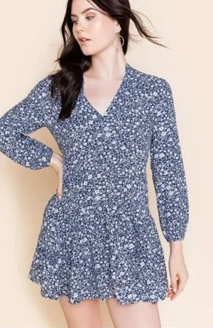 Francesca's Mi Ami Anita Blue‎ Floral V-Neck Mini Baby Doll Dress, Small thumbnail 1