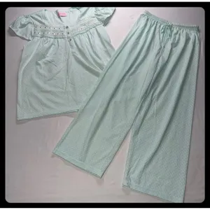 Pink Label Pajama Set Womens Mint Green Polka Dot Lace Trim Sleepwear Small thumbnail 1